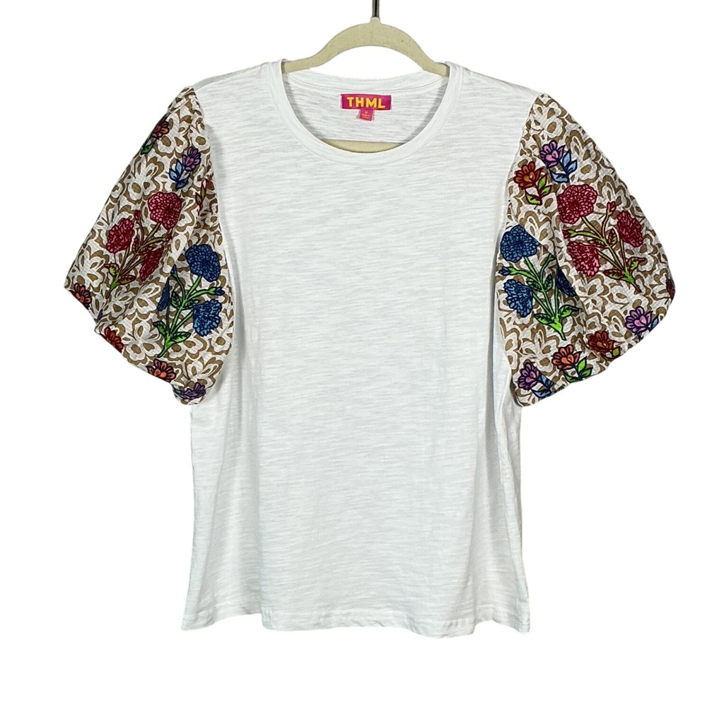 THML Women White Slub Knit Mixed Media Puff Sleeve Floral Embroidered Top M